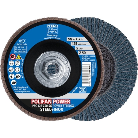 Pferd Flap Disc, 5''x5/8-11, Z SG POWER STEELOX, 50 Grit, T29, Conical, Zirconia 64560